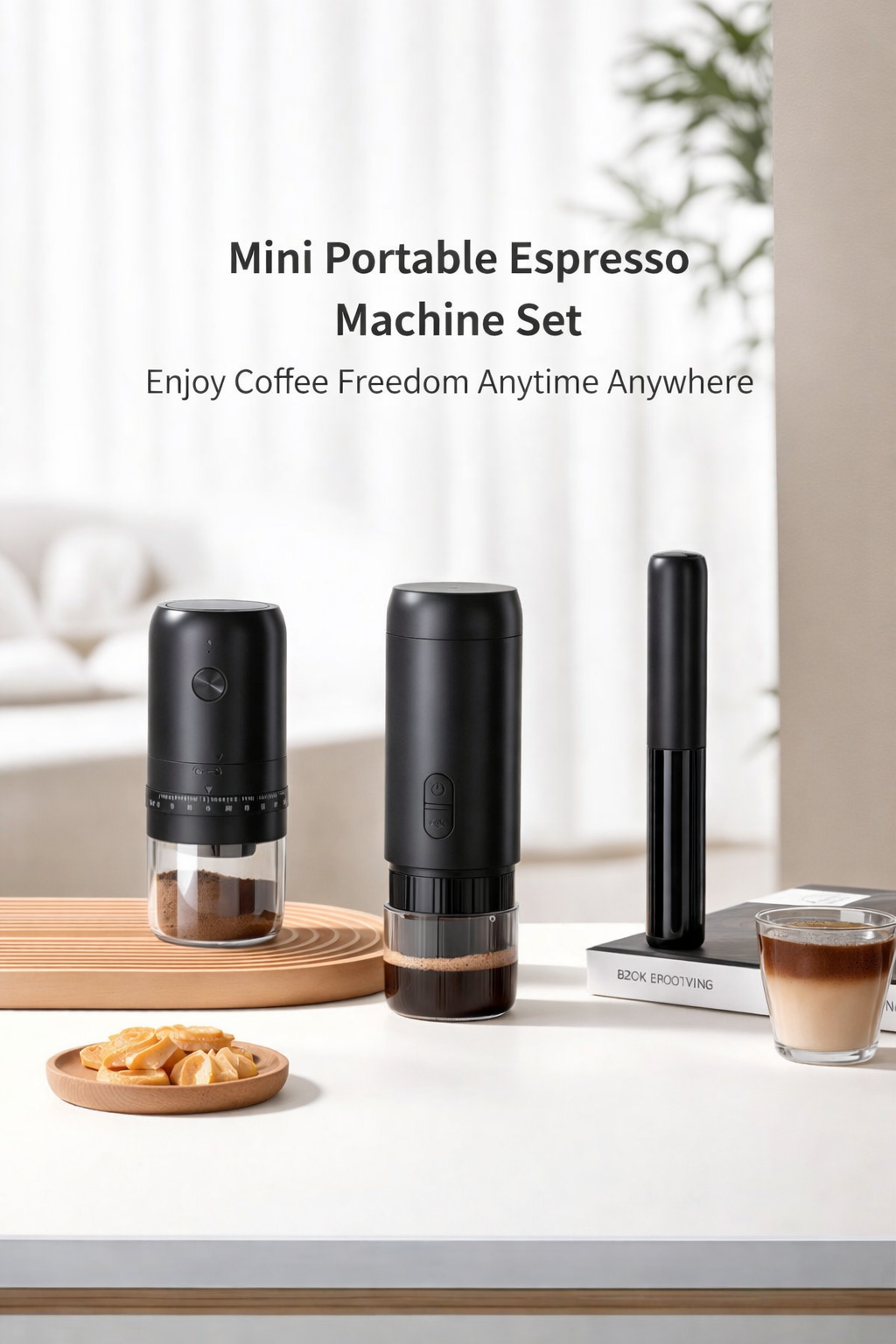 Portable Wireless Espresso Maker Set - USB Rechargeable Coffee Maker (Capsule + Ground Coffee) with Grinder for Outdoor, Travel and Car